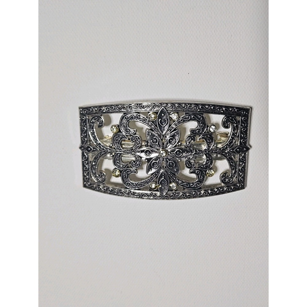 Vintage Silver Tone Filigree Hair Barrette Ornate Victorian Floral French Clip